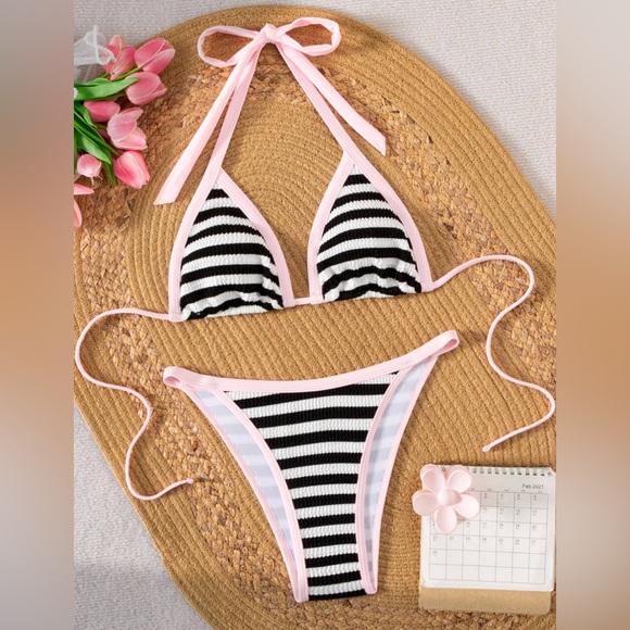 Other - Striped Black and White Bikini with Pink Trim